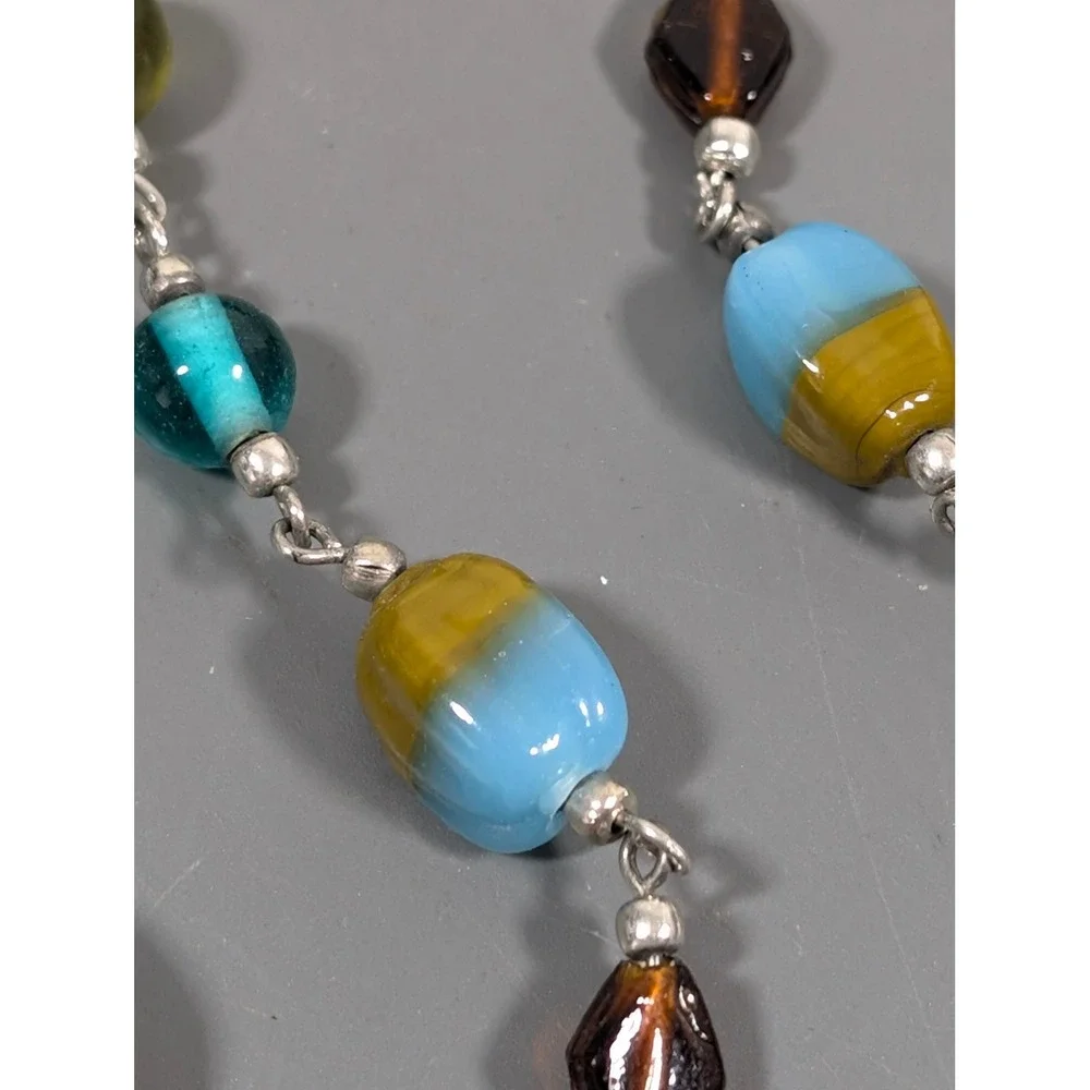 Long Glass Bead Necklace Blue Brown‎ Mixed Beads 40